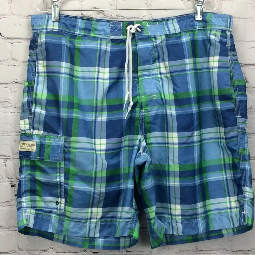 Chaps Swim Trunks Board Shorts Men's Size XXL Blue Green Plaid Mesh Lined Beach